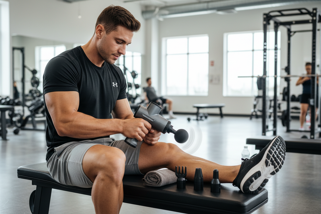 Athlete using massage gun for post-workout muscle recovery