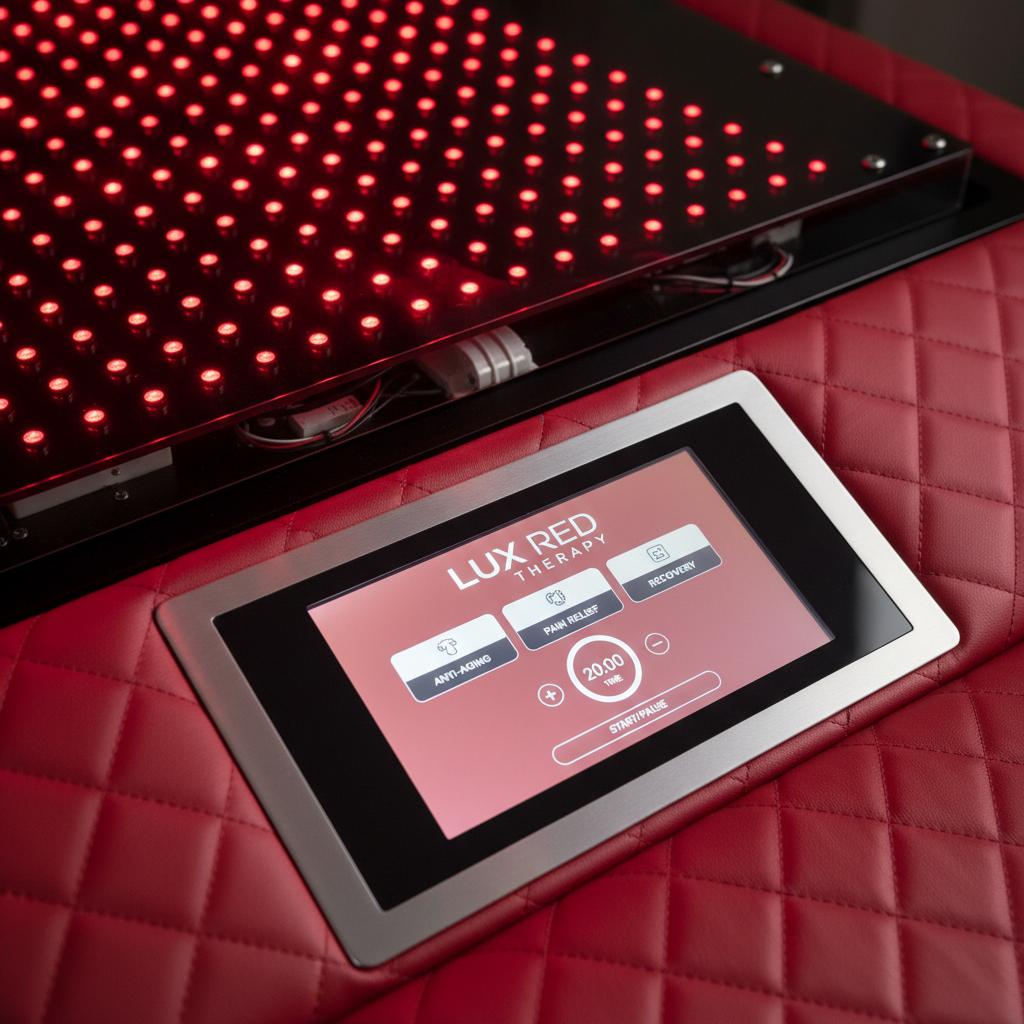 Close-up of digital control panel and premium features on red light therapy bed