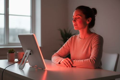 Woman using desktop red light therapy panel for facial treatment