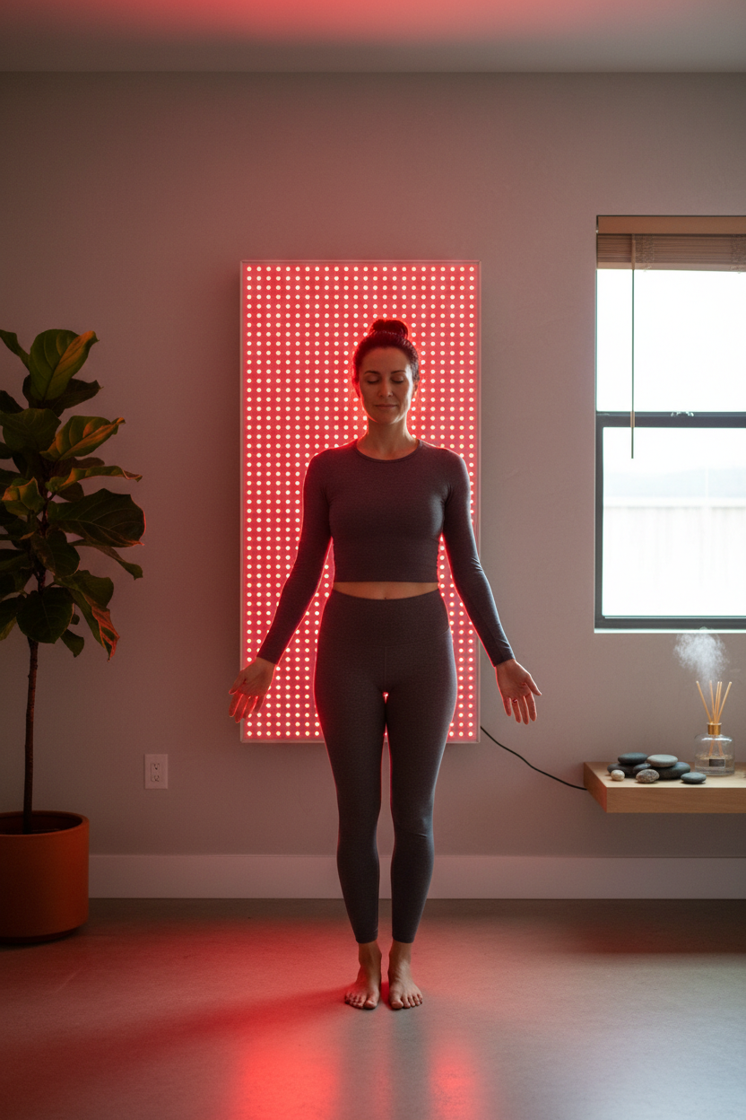 Person using full body red light therapy panel for wellness treatment
