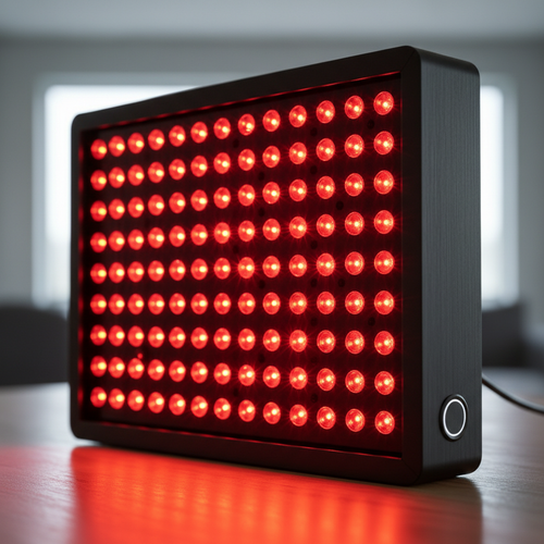 Close-up of medical-grade LED lights on red light therapy panel