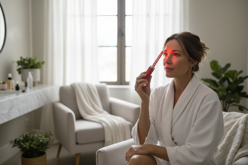 Woman using red light therapy wand on face